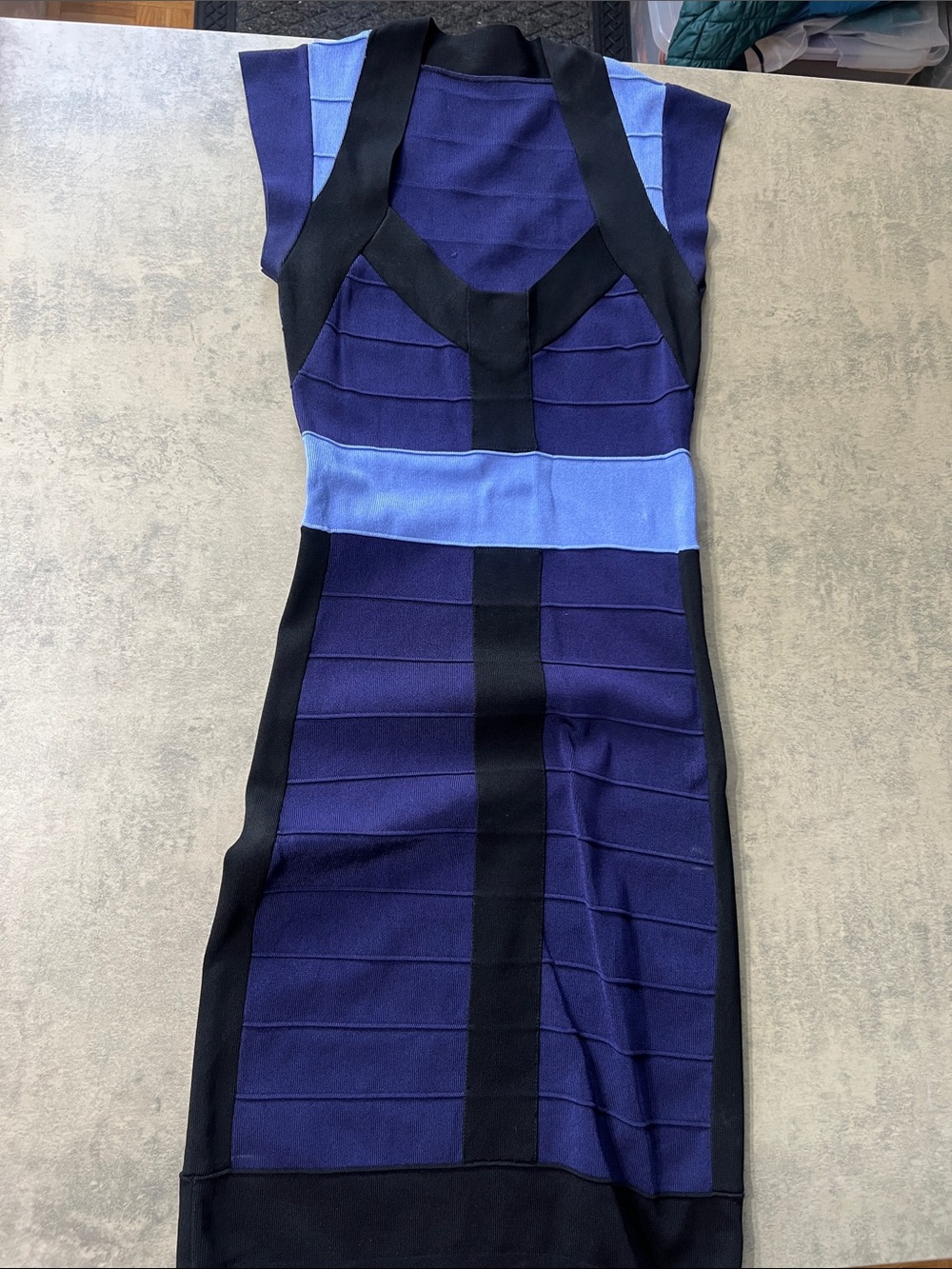 Blue Panel Sheath Dress with Black Accents